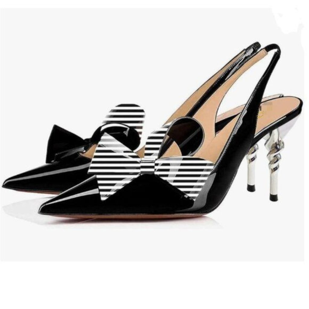 Fowt Black Pointed Toe Slingback Slip On Dress Pumps Stiletto Heel Bow Sandals